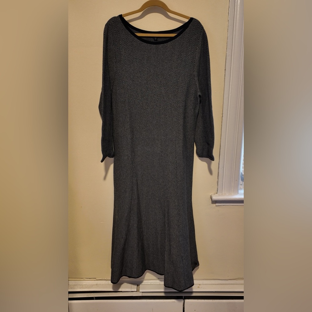AnnTaylor Black Gray Herringbone Chevron Sweater Dress SzXL Career Office Knit